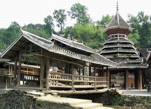 fower bridge and drum tower in Zhaoxing